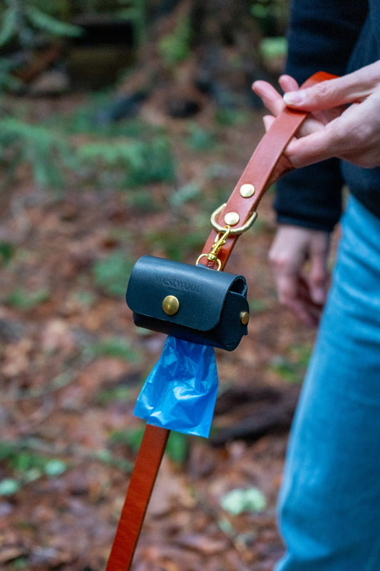 A person holding a black waste bag holder with a brass clip and a blue bag attached, set against a natural outdoor background.