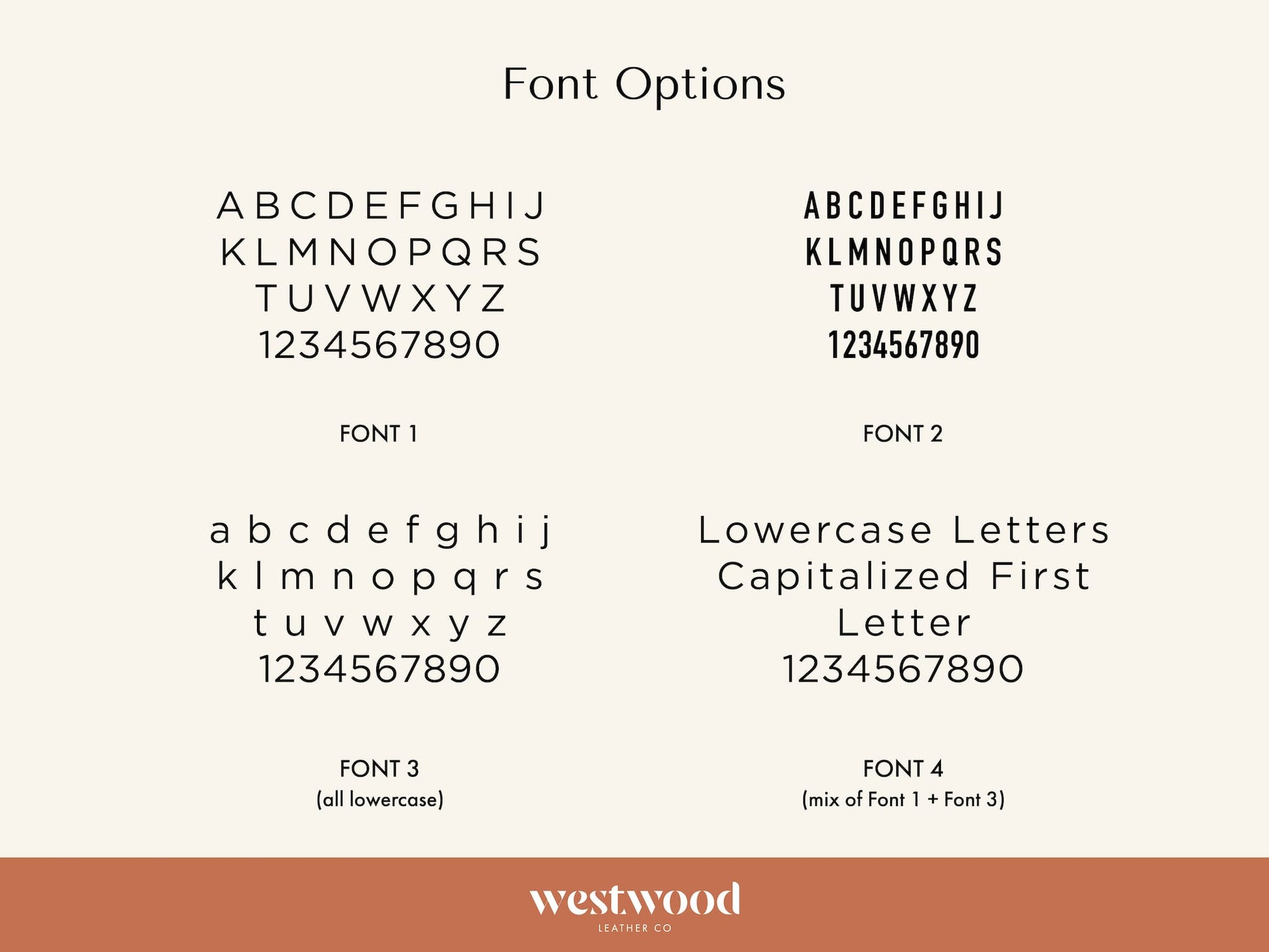Collection of font options with Westwood Leather Co. branding.