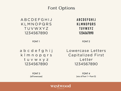 Collection of font options with Westwood Leather Co. branding.